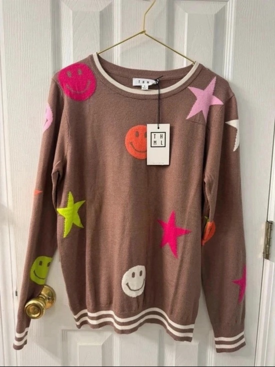 THML Sweaters - THML Brown Crewneck Sweater with Colorful Smiley & Star Motifs